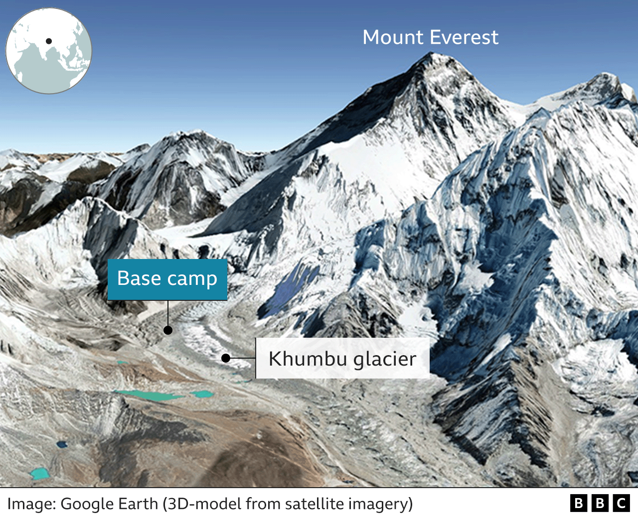 Google Earth image of Everest base camp and the Khubu glacier