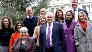 The 11 Lib Dem MPs elected at the 2019 election, pictured with the then president of the party Sal Brinton