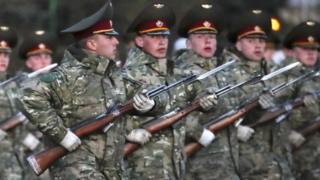 Soldiers rehearsing the march for Victory Day, Minsk, April 23, 20