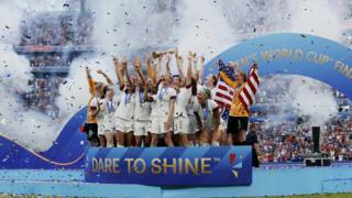 USA Women celebrates the championship with the trophy during the World Cup Women match between USA v Holland at the Stade de Lyon on July 7, 2019 in Lyon France