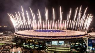 A fireworks fire explodes over the Maracana Stadium during the rehearsal of the opening ceremony of the Olympic Games. Picture: August 3, 2016