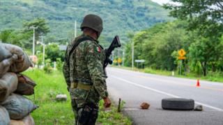 Members of the Mexican Army participate in a patrol and reconnaissance mission of the urban and rural area of the municipality of Frontera Comalapa, in the state of Chiapas, Mexico, 27 September 2023