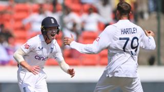 Tom Hartley celebrates a wicket