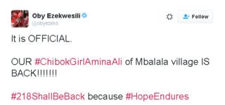 Чирикать гласит: это официальный. НАША #ChibokGirlAminaAli села Мбалала НАЗАД !!!!!!! # 218ShallBeBack потому что #HopeEndures