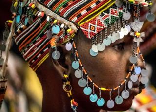 A dancer of Rendille tribe performs during the launching ceremony of the 11th Marsabit-Lake Turkana Cultural Festival in Nairobi, Kenya, on June 20, 2018. The annual festival will take place between June 28 and 30, 2018, featuring the cultural traditions of 14 ethnic tribes in Marsabit county, the nothern part of Kenya, to promote tourism and their social inclusiveness.