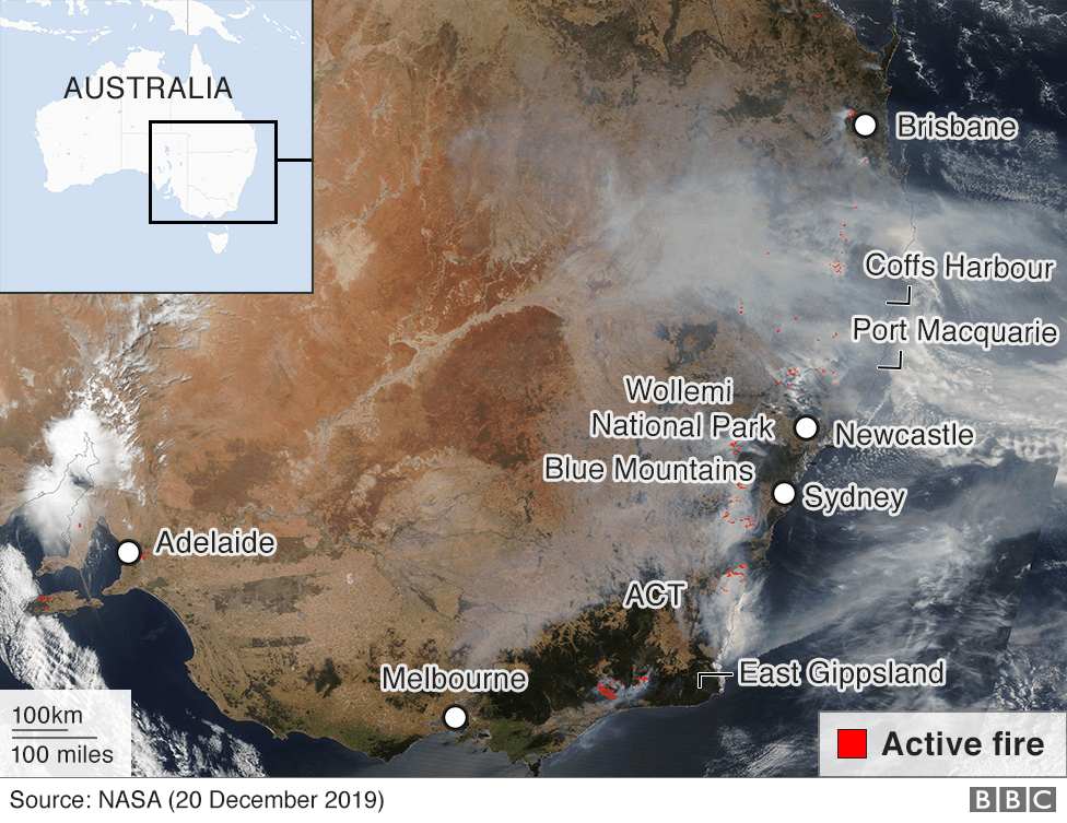 Satellite image showing smoke from fires in eastern Australia