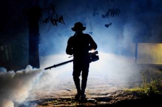 A Sri Lankan health worker sprays a neighbourhood with a fog used to ward off mosquitoes in Biyagama