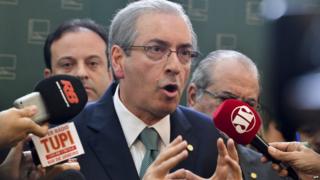 President of the Brazilian Chamber of Deputies Eduardo Cunha speaks during a press conference at the National Congress in Brasilia, Brazil on July 17, 2015.