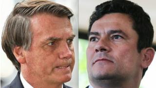 Montage with photos of Bolsonaro and Moro, both in profile.