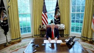 President Donald Trump in the Oval Office, 29 April 2020