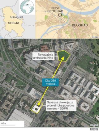 Мапа показује локацију кинеске амбасаде, 350 метара од зграде СДПР-а