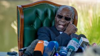 Zimbabwe's former President Robert Mugabe delivers a speech from The Blue House in Harare, Zimbabwe, 29 July 2018