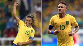 Los jugadores de la selección brasileña Marta y Neymar vistiendo la camiseta número 10.