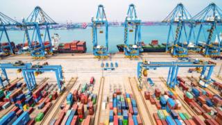 An aerial view of a port in Qingdao in China's eastern Shandong province on March 8, 2019