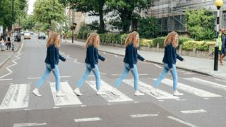 Four pictures of Amy Holman across the Abbey Road crossing.