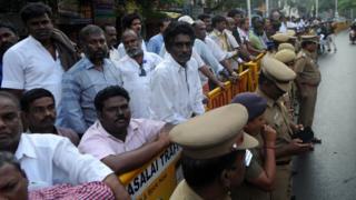Supporters of Tamil Nadu state leader Jayalalithaa Jayaram gather in front of a hospital where she was being treated in Chennai on December 5, 2016.