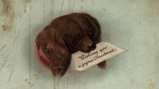 Victorian Christmas card with a sad dog