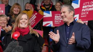 Newly elected Labour MP Sarah Edwards with party leader Sir Keir Starmer at Tamworth Football Club, after winning the Tamworth by-election. Picture date: Friday October 20, 2023. PA Photo. The seat was vacated following the resignation of Conservative MP Chris Pincher on September 7.