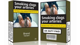 Mocked up cigarette packs, from ASH, Action on Smoking and Health