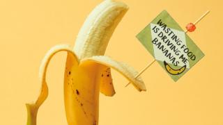 placard saying wasting food is driving me bananas, held by a banana