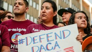 Protesters gather at the Federal Building in Los Angeles to show support for the Deferred Action for Childhood Arrivals (Daca) programme, 1 September 2017