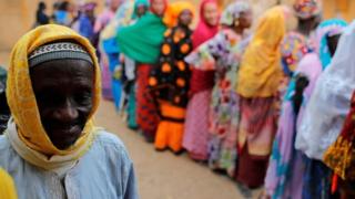 People are waiting to vote at a polling station in Fatick, Senegal on February 24, 2019