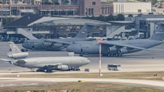 Military planes of the United States Air Force stand on the tarmac of Ramstein air base