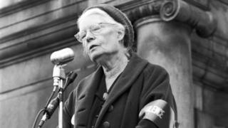 Dorothy Day is pictured in 1969 at Vietnam War demonstration in New York, NY