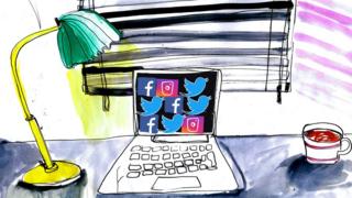 Illustration of a desk and laptop showing social media sites