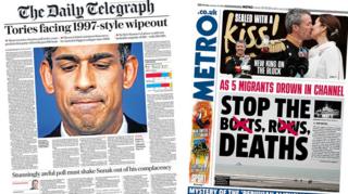 The main headline on the front page of the Daily Telegraph reads: "Tories facing 1997-style wipeout" and the headline on the front page of Metro reads: "Stop the deaths"