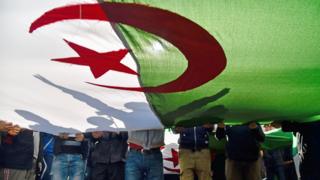 Protesters holding the Algerian flag in Algiers, Algeria - Friday 28 February 2020