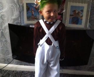 Here's Keaton from Manchester as an Oompa Loompa from Roald Dahl's Charlie and the Chocolate Factory