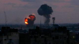 An explosion in Rafah, Gaza, after Israeli air strikes on 20 June 2018