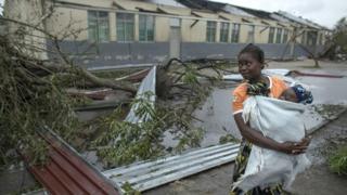 A secondary school in the village of Inhamizua, Mozambique, is being used as an emergency shelter for local residents. 16 March 2019
