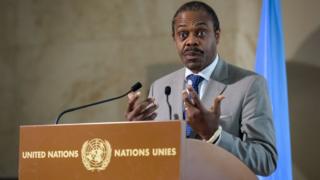 Le ministre de la Santé du Congo, Oly Ilunga, lors d'une conférence de presse à l'issue d'une réunion des Nations Unies sur Ebola.
