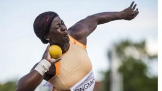 Dongmo Auriole of Cameroon is on her way to place third in the women"s shot put final at the Gyulai Istvan Memorial Track and Field Grand Prix in Szekesfehervar, Hungary 04 July 2017.