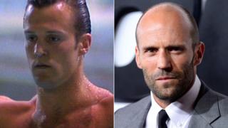 Statham en los Juegos de la Mancomunidad Británica en 1990 y en la premier de una película en 2015.