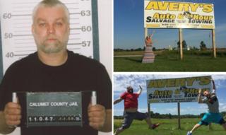 Photo of Steven Avery and people posing next to signs