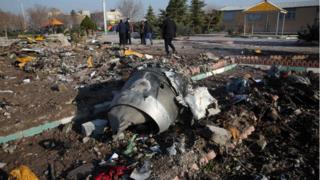 Rescue teams work amid wreckage after a Ukrainian plane crashed in Tehran on 8 January, 2020.