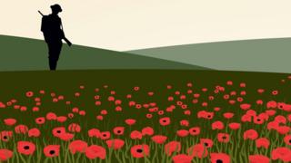 Graphic showing soldier in poppy field.