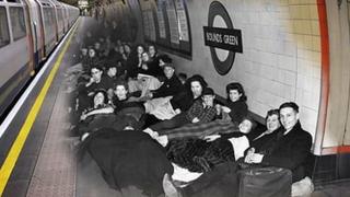 A merged picture of a tube station today and in the war when people used it for shelter.