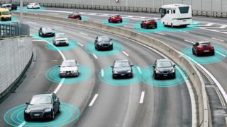 Ilustração mostra vários carros em uma estrada conectados à internet
