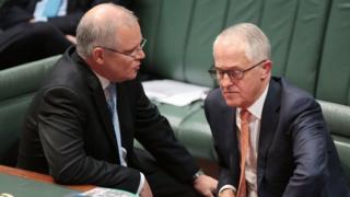Scott Morrison and Malcolm Turnbull in Canberra's parliament in 2017