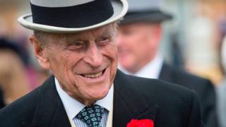 Prince Philip, Duke of Edinburgh greets guests at a garden party at Buckingham Palace in London