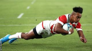 Japan's Matsushima dives over for his side's first try