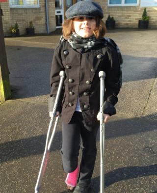Anna from Icklingham in England broke her ankle two weeks ago, so she decided to dress up as Tiny Tim from 'A Christmas Carol'