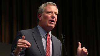New York's Mayor Bill de Blasio speaking at the 2019 National Action Network National Convention in April 2019