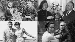 Arriba de izquierda a derecha: Marie y Pierre Curie con una de sus hijas (Getty Images) e Isabella y Jerome Karle (Cortesía: US Naval Research Laboratory). Abajo de izquierda a derecha: Alfred y Helen Free (Cortesía: Helen Free) y Ruth y George Wald (Cortesía: familia Wald)