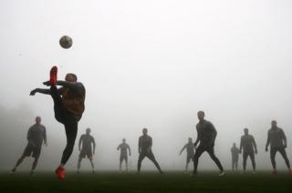 Monaco players take part in a training session ahead of the UEFA Champions League Group E match against Tottenham Hotspur FC at La Turbie training ground