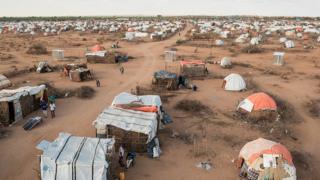 An overhead photo of the Qansaxley IDP settlement in Dollow, Somalia, located near the border to Ethiopia. Many families have fled here from the drought.